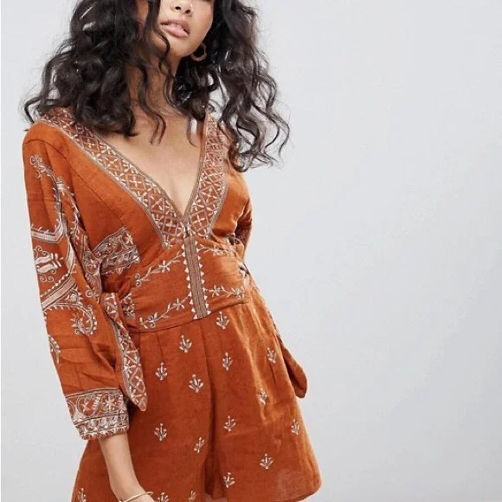 Free People Azalea Playsuit tan brown embroidered romper size small